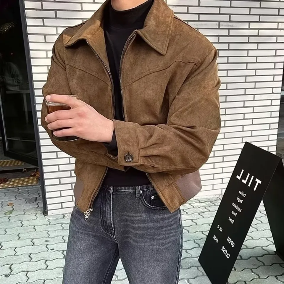 Men Suede Vintage Bomber Jacket for Casual Wear