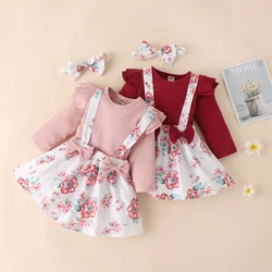 Ensemble de vêtements Vintage en coton pour bébé fille, barboteuse à manches longues, motif Floral, ceinture pour nouveau né, tenue de fête 