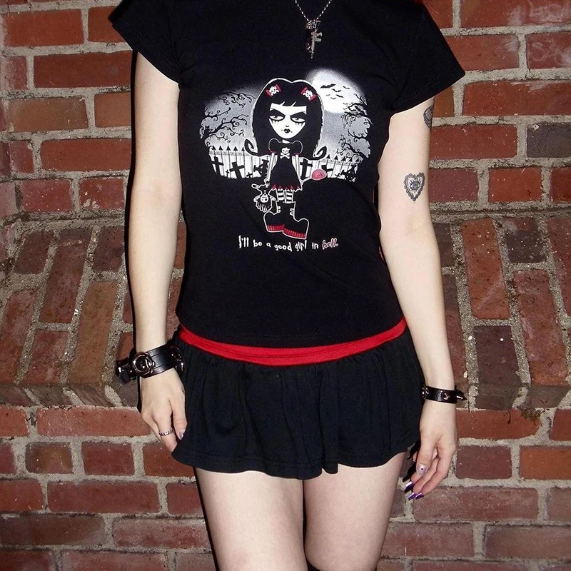 Maglietta Gotica Y2K Da Donna - Maniche Corte Con Stampe Teschio E Croce - Top Slim Estivo In Poliestere, Nero