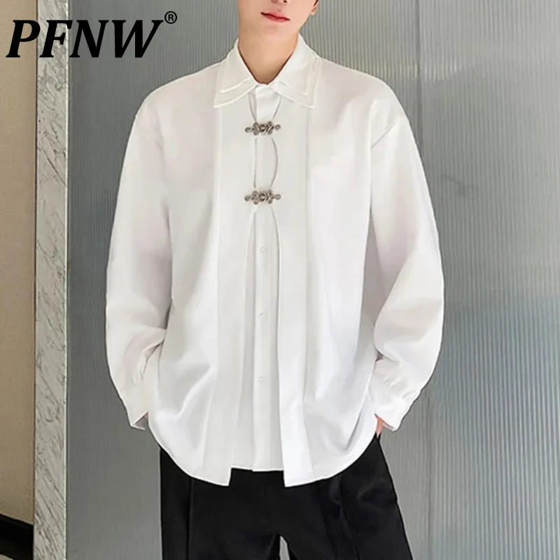 

PFNW Male Shirt Niche Design Double Collar Metal Knot Button Solid Color Men's Long Sleeve Shirts Korean Style Spring New 9C4958
