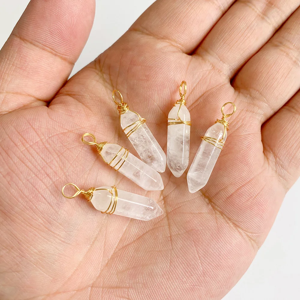5pcs Wire Wrapped Hexagonal Pendant Natural Labradorite Quartzs Pointed Bullet Stone Pendulun Charms For Necklace Earrings DIY 5