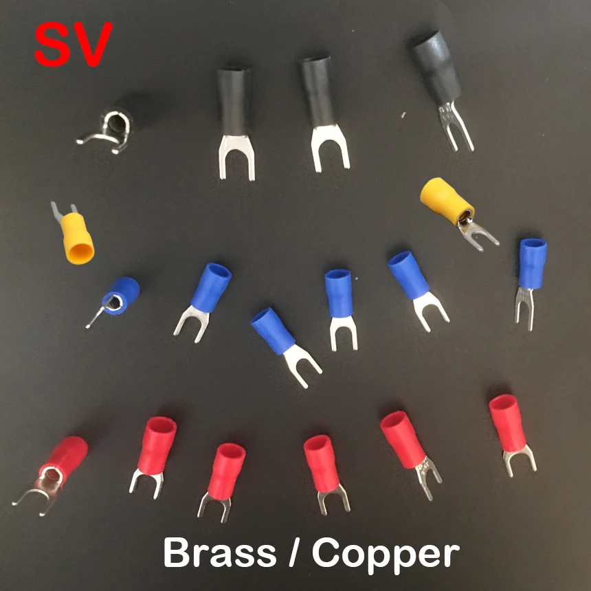 SV1.25-3 SV1.25-4 สีฟ้าสีดําสีแดงสีเหลืองสีเขียว U Spade ส้อมทองเหลืองทองแดง Lug Splice ฉนวนสายเชื่อมต่อสายไฟ CRIMP TERMINAL 1