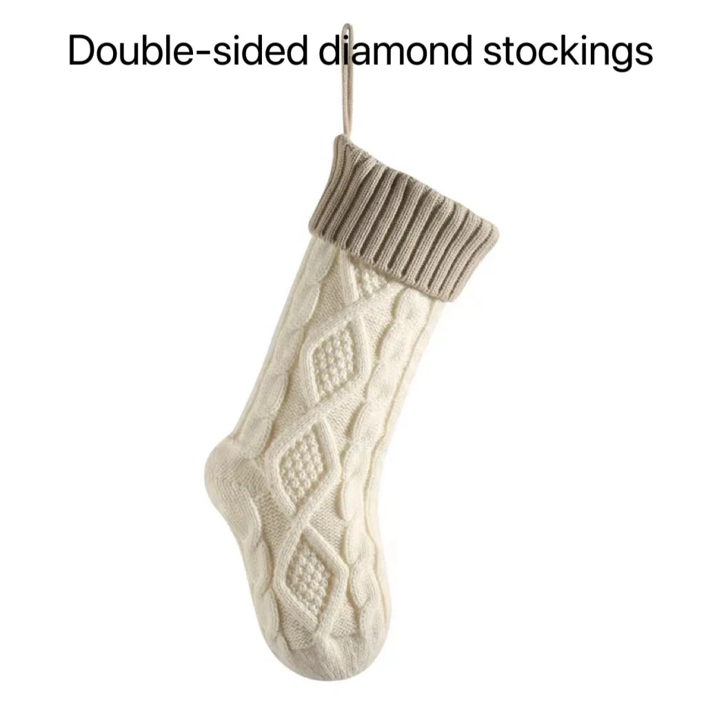 

Upgraded 46cm Large Knitted Woolen Stockings Christmas Decoration Double-side Diamond Patchwork Color Xmas Socks Sugar Gift Bag