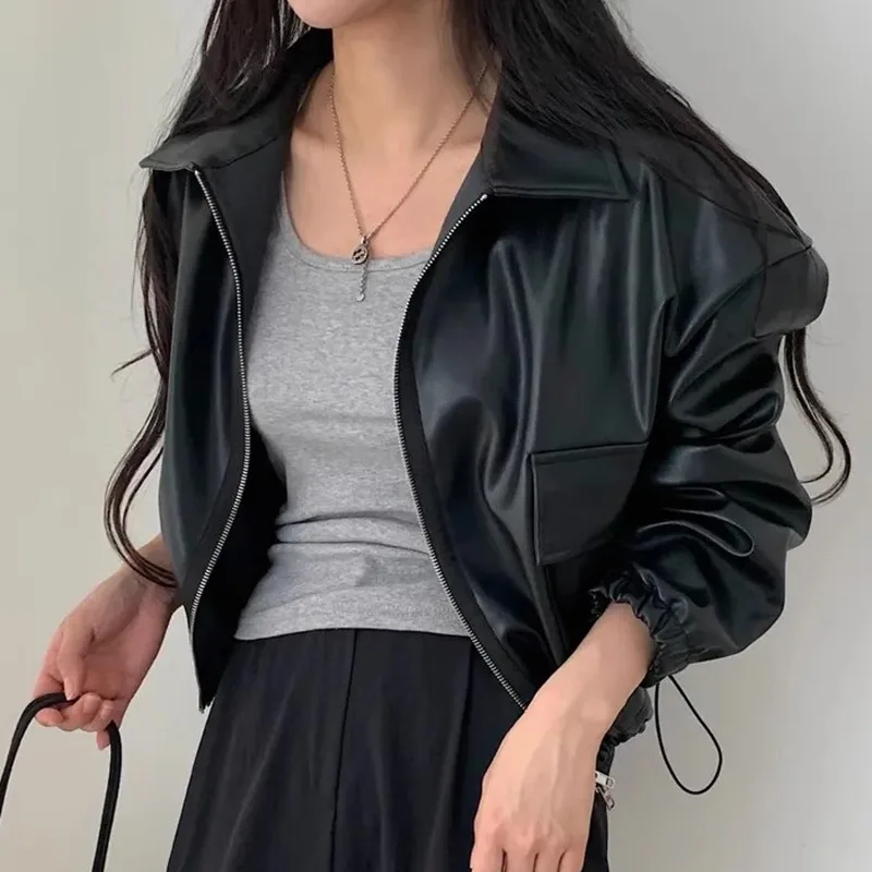 Deeptown Korean Fashion Crop Leather Jacket Women Streetwear Old Money Style Racing Short Jackets Vintage Aesthetic Casual Coat