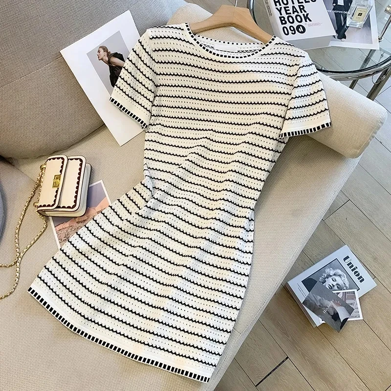 

Summer Knit Dress Striped Contrast Color O-neck Hollow Out Korean Loose Mini Dresses For Women Knitwear dress