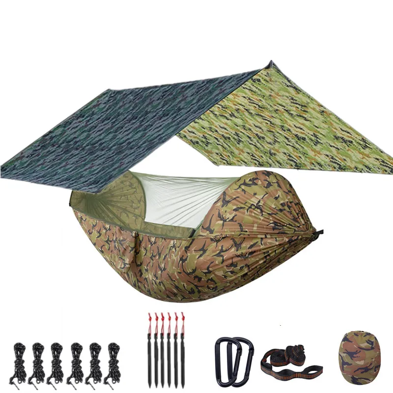 Camping Hammock with Mosquito Net and 118x118in Rain Fly Tarp,10-ring Tree Strap Hammocks Swing for Backpacking, Survival,Travel 