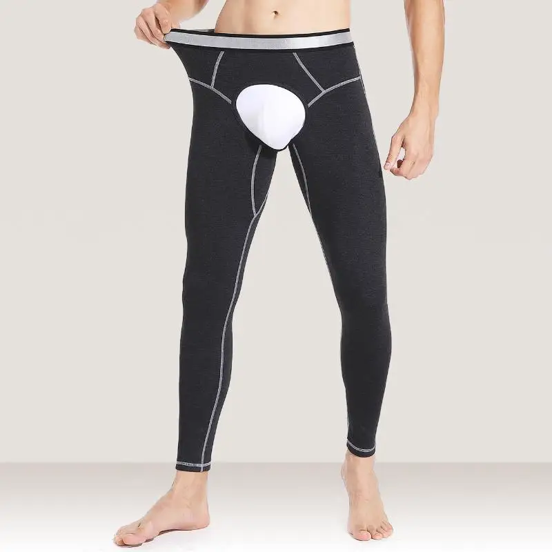 Men's Warm Long Johns with Open Crotch Leggings Winter Fleece Tight Trend Mid-waist Padded Line Trousers Cotton Wool Trousers