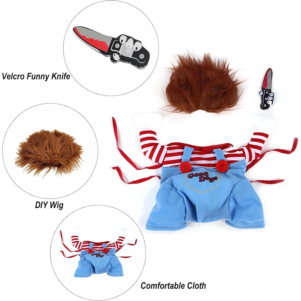 Hunde-Halloween-Kostüm Chucky – Gruselig-lustig, Mit Perücke & Messer, Für Kleine Bis Große Hunde, Verstellbar, Größe S