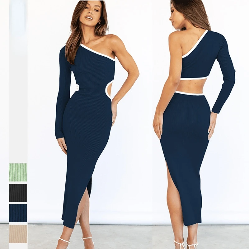 

One shoulder long sleeve ribbed hollowed out backless sexy girl split tight bag buttock long sexy maxi dress evening dresses y2k