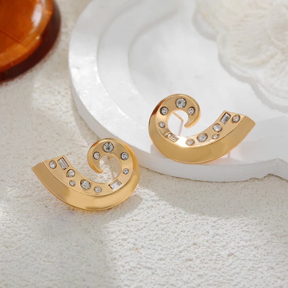 Designer Rhinestone Conch Stud Earrings Stainless Steel Zircon Geometric Earring Women's Everyday Trend Jewelry Accessories 2025