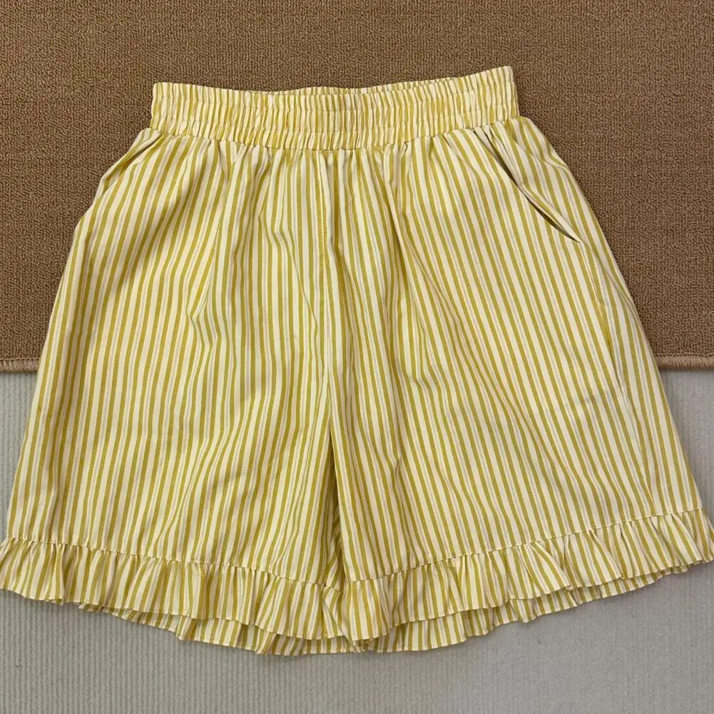 

Women Shorts Candy-colored Elastic Waist Pajama Shorts Striped Print Shirring Edge Sleepwear for Women Striped Casual Shorts
