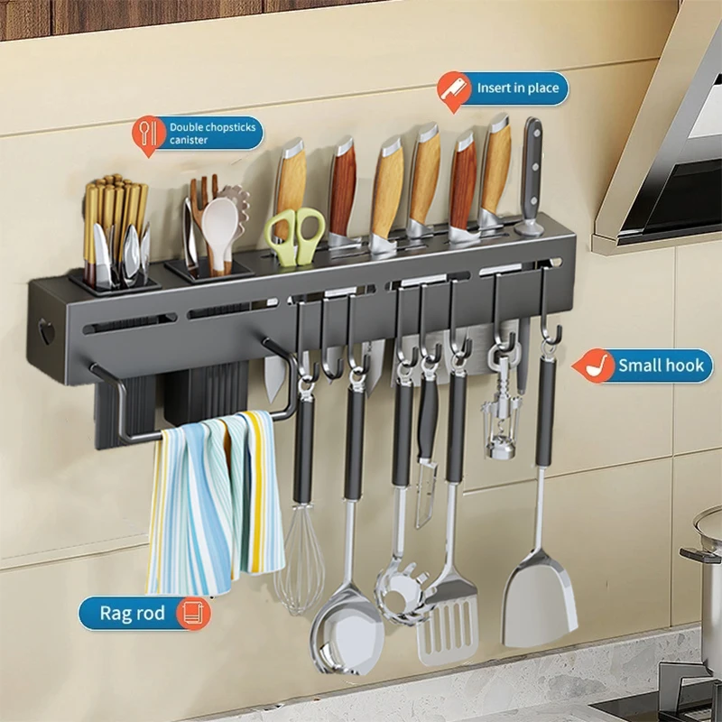 Kitchen Knife Rack Wall-Mounted Detachable Stainless Steel Storage With Brackets And Hooks knife holder