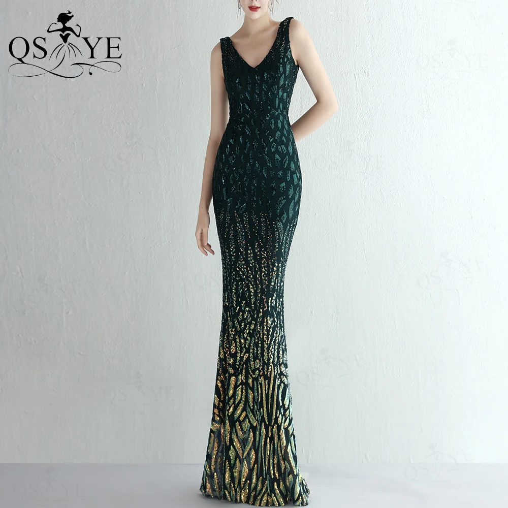 robe-de-soiree-de-forme-sirene-en-dentelle-verte-decoloree-modele-unique-paillettes-melange-de-documents-col-en-v-dos-aux-Emeraude-formelle