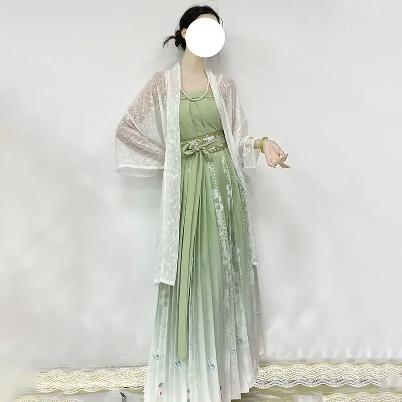 

Современный традиционный Комплект из трех предметов Hanfu, зеленое платье в китайском стиле, сказочный народный костюм, китайская одежда, сладкий свежий зеленый