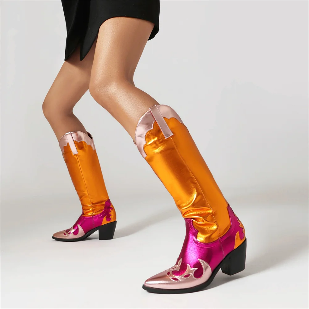 

Fashion Lllusory Color Women Mid-calf Boots Women's Mixed Colors Pointed Toe Square Heels High Heel Shoes Ladies Slip-On Boots