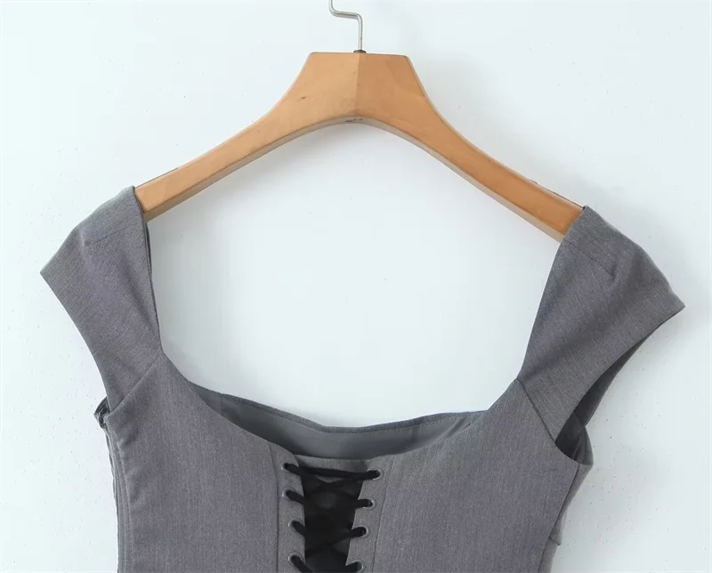 KEYANKETIAN New Launch Women's Cross Lace Up Backless Crop Top Stylish Sexy Slash neck Short Sleeve Corset Gray Short Camis