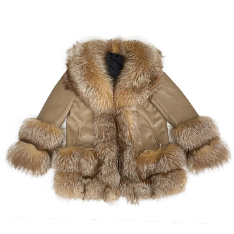 Fox Fur Placket with Sheep Skin Medium Long Fur Coat Jacket Women