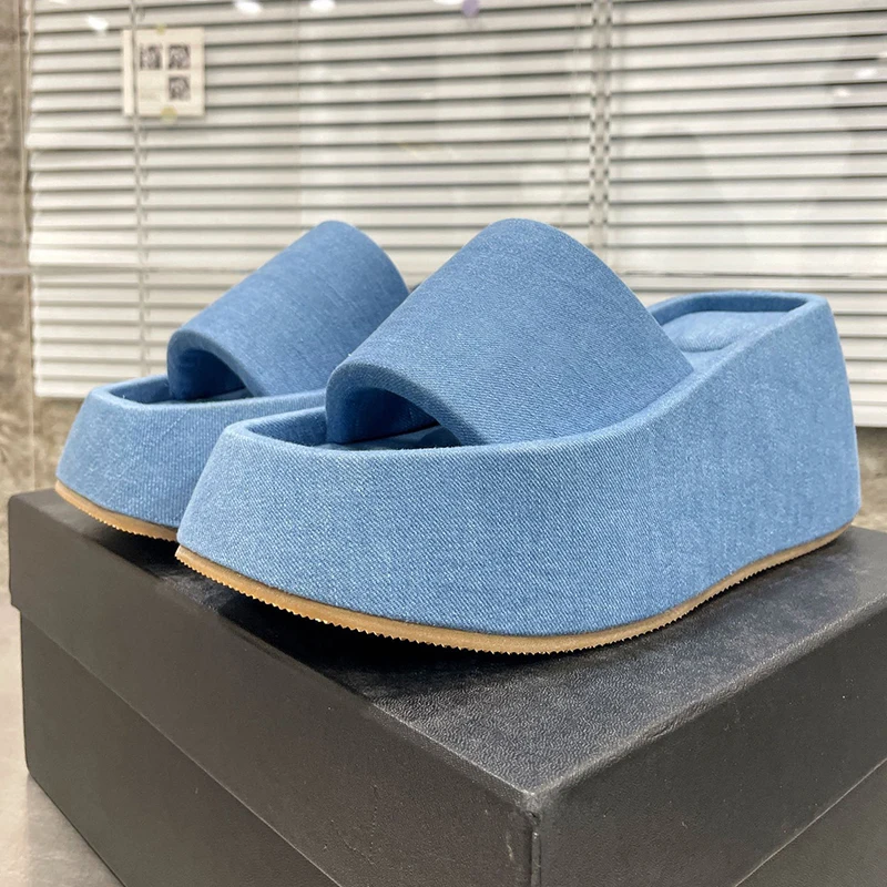 

Female Wedges Sandals Summer 2024 New Solid Colors Upper Non-slip Thick Bottom Slippers Denim Material Square Toe Women Slippers