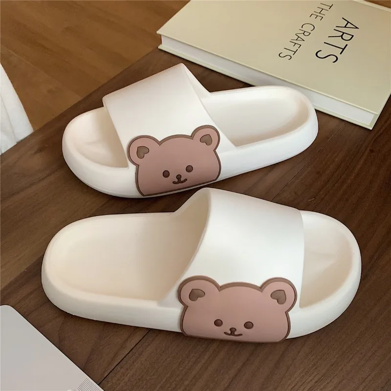2024 Summer Women's Slippers Beach Home Cartoon Bear Character Slippers Unisex Thick Sole Indoor Bathroom Anti Slip Shoes Couple