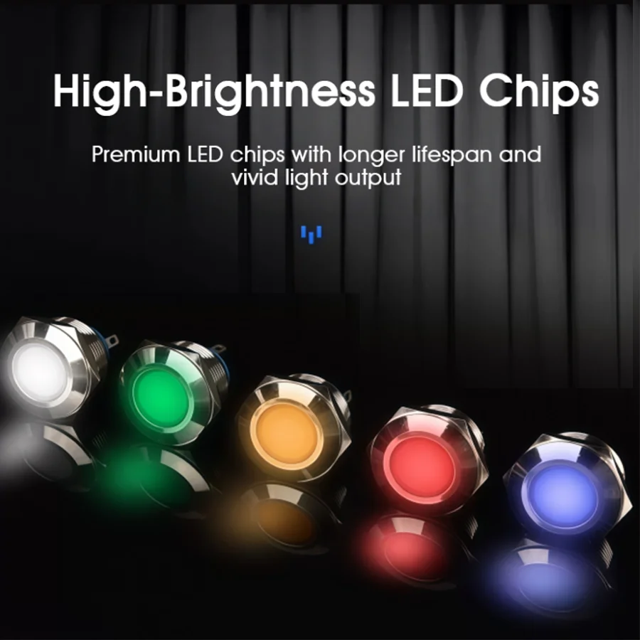 12mm IP66 방수 컬러 금속 LED 표시등 파일럿 라이트, 와이어 스크류 핀이 있는 신호등, DC 12V 24V 220V