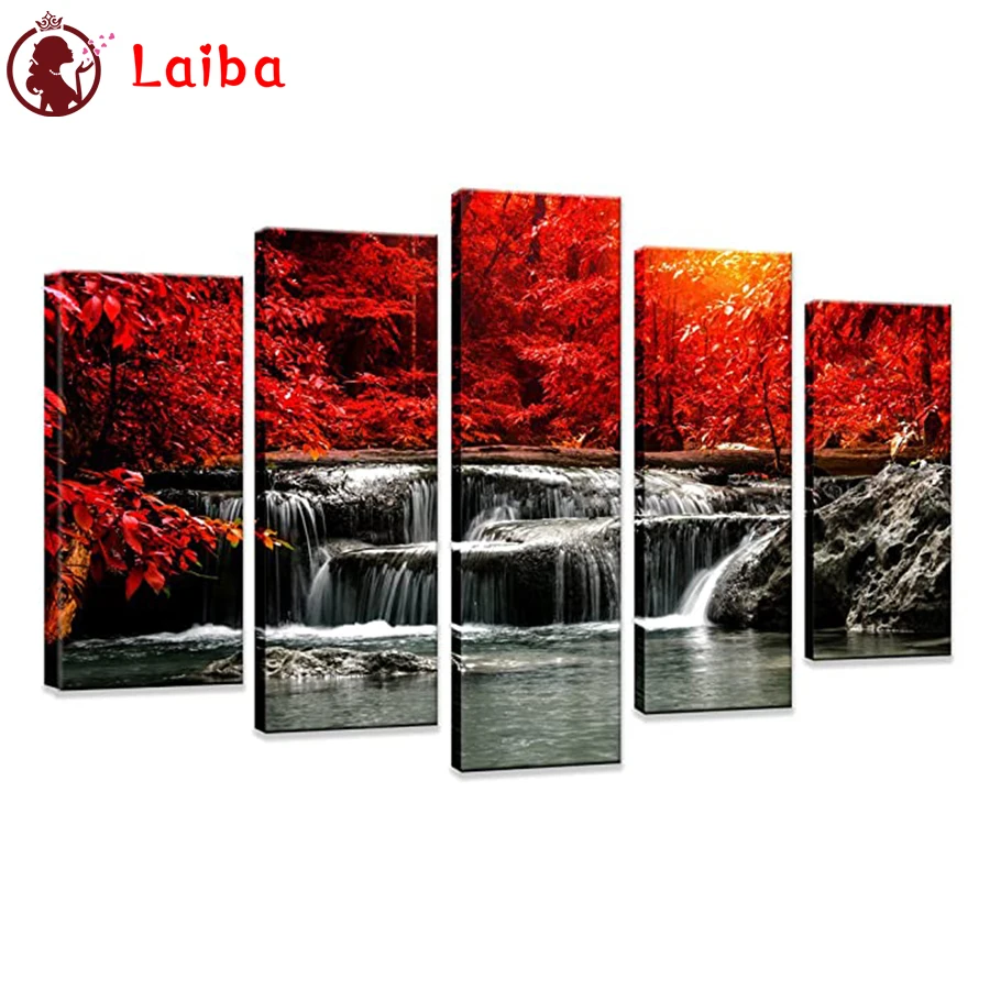 

Фотообои природный пейзаж красное дерево водопад вышивка крестиком алмазная живопись полный квадратный Декор для дома 5 шт.