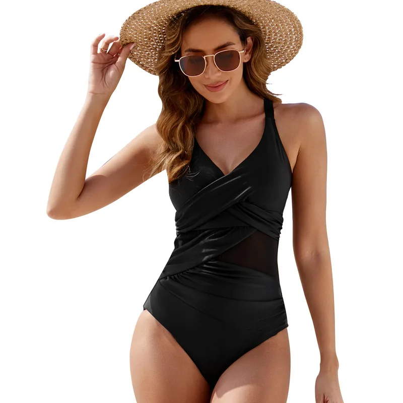 2024 Ny gränsöverskridande europeisk och amerikansk Mesh One Piece Retro Baddräkt för kvinnor med kors över bröstet Sexig baddräkt med rem_voghion.com