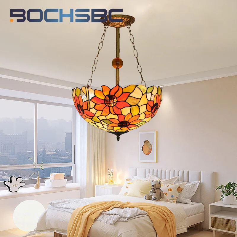 

BOCHSBC Tiffany coloredglass Sunflower retro style 16inch chandelier deco living room dining room bedroom inverted pendant light