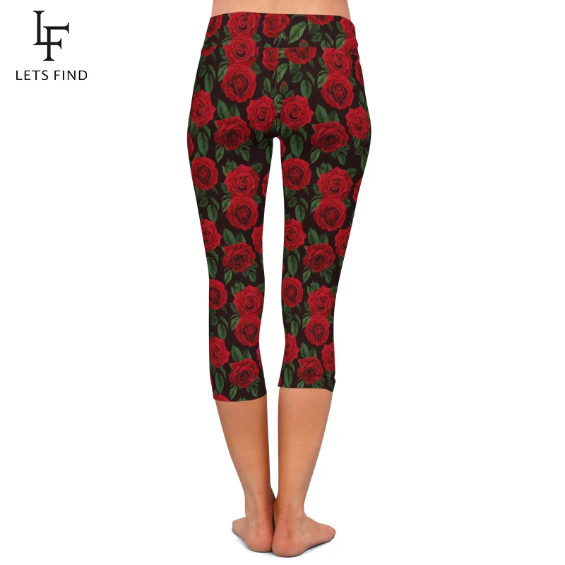 LETSFIND Red Rose Print Women Leggings Elastic Capri Legging High Waist  Mid-Calf 3/4 Stretch Casual Leggings