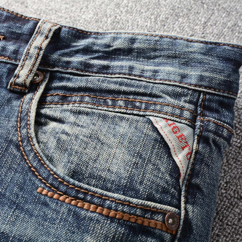 Fashion Vintage Men Jeans High Quality Retro Blue Elastic Slim Fit Ripped Jeans Men Casual Trousers Designer Denim Pants Hombre