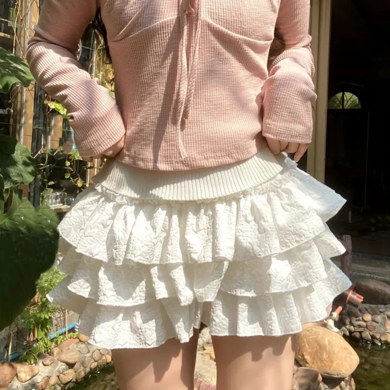 Falda corta Kawaii Lolita para mujer, retales con volantes, cintura alta en capas, Mini falda con tutú
