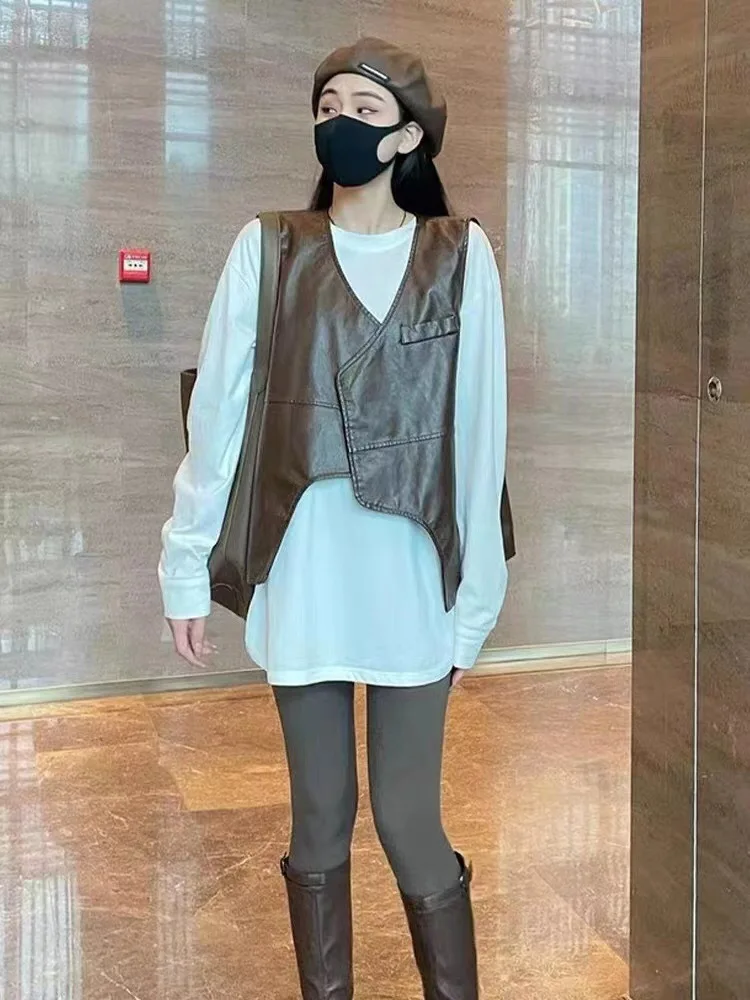 

Fashion Vest for Women 2023 Spring Autumn PU Vest Retro Irregular Loose Sleeveless Coat Women Clothing Sleeveless Cardigan Women