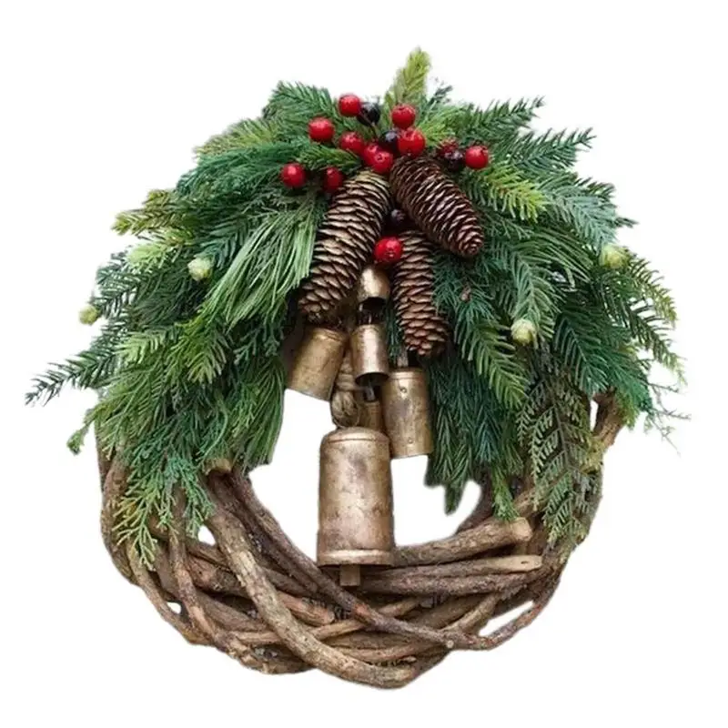 

Christmas Door Wreath Artificial Pine Needle Pinecone Winter Wreaths with Berries & Bells Outdoor Hanging Decor Party Supplies