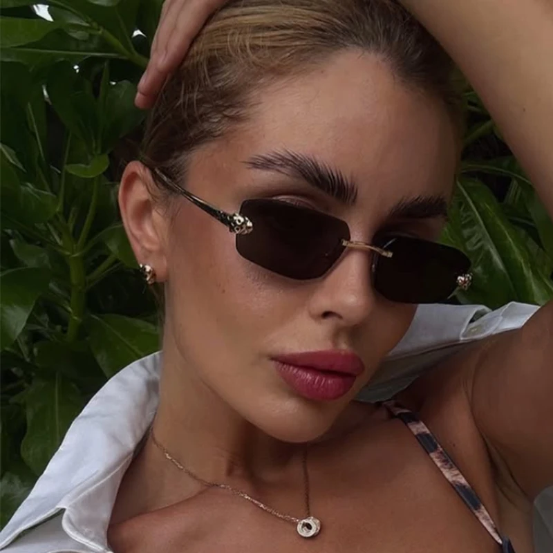 Beliebte Marke Braun Quadrat Frauen Sonnenbrille Mode Luxus Randlose Rechteck Sonnenbrille Weibliche Shades UV400 Vintage Brillen