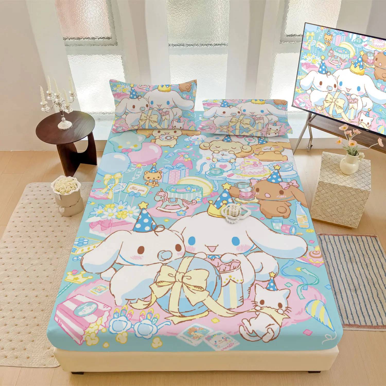 

1Pcs Cinnamoroll Kawaii Sanrio Anime Bed Sheet Cute Cartoon Hello Kitty Kuromi Children Washable Bed Cover Gifts for Girls