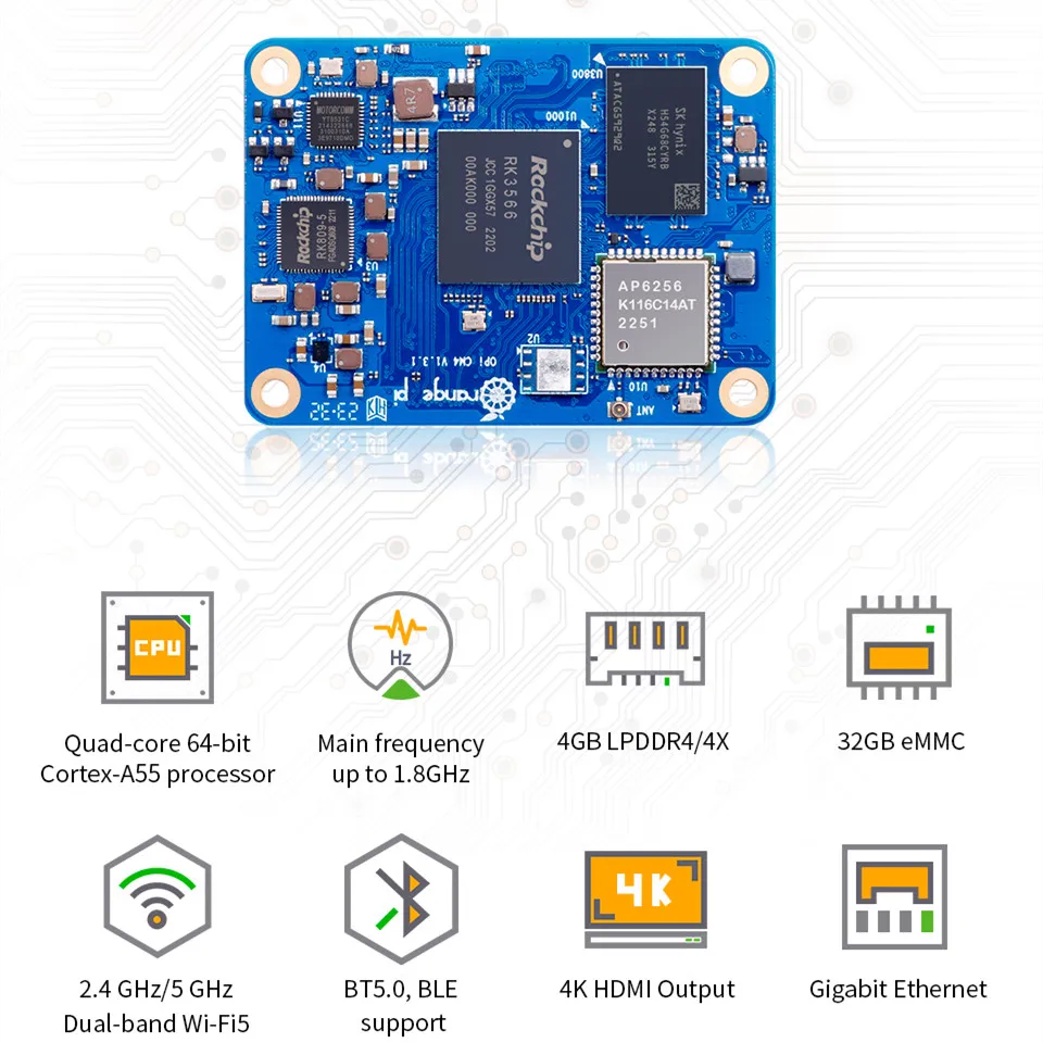 Orange Pi CM4 4GB Ram + Base Board RK3566 32GB Emmc WIFI5-BT5 Orangepi CM4 Run Android Ubuntu Debian Orange Pi Compute Module 4 Single Board Computer
