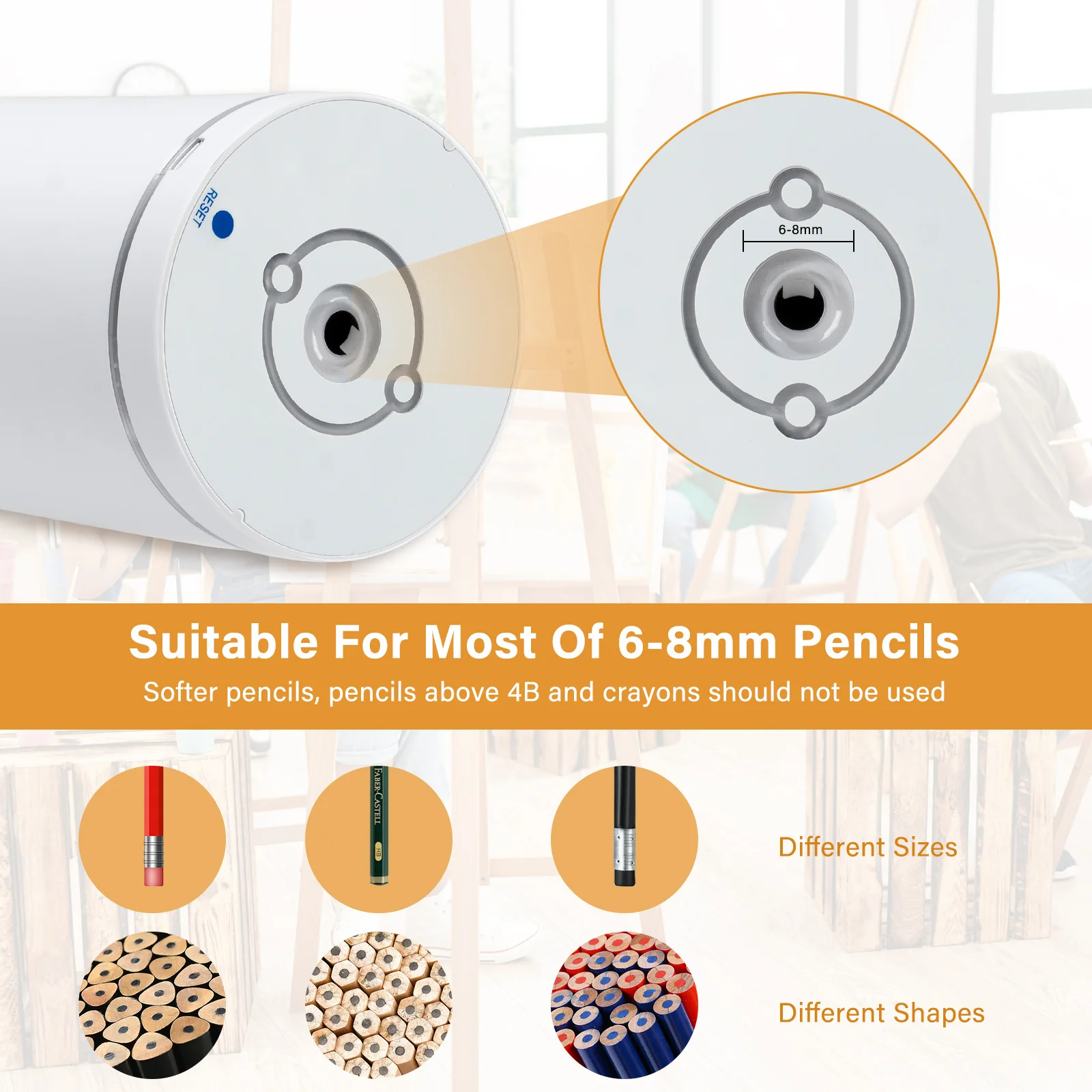 흰색 휴대용 자동 연필깎이, 6-8mm 연필과 호환 가능, 자동 공급 메커니즘, 오래 지속되는 배터리 수명