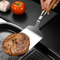 Spatule de cuisson à Steak à tête carrée en acier inoxydable, pelle à Pizza, crêpes, boeuf, grattoir, manche en bois, ustensiles de barbecue pour la cuisine 2