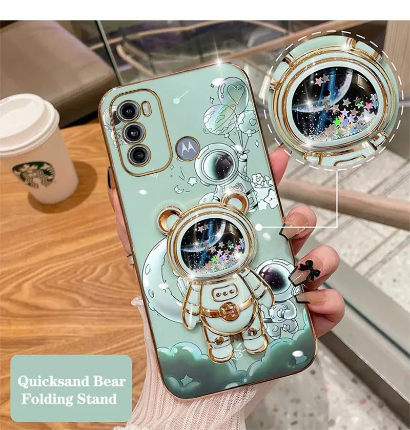 Quicksand Astronaut Plating Phone Holder Case For Motorola Moto G60 G53 G50 G42 G30 G20 G22 G52 E20 Plus G9 Play G8 Power Cover