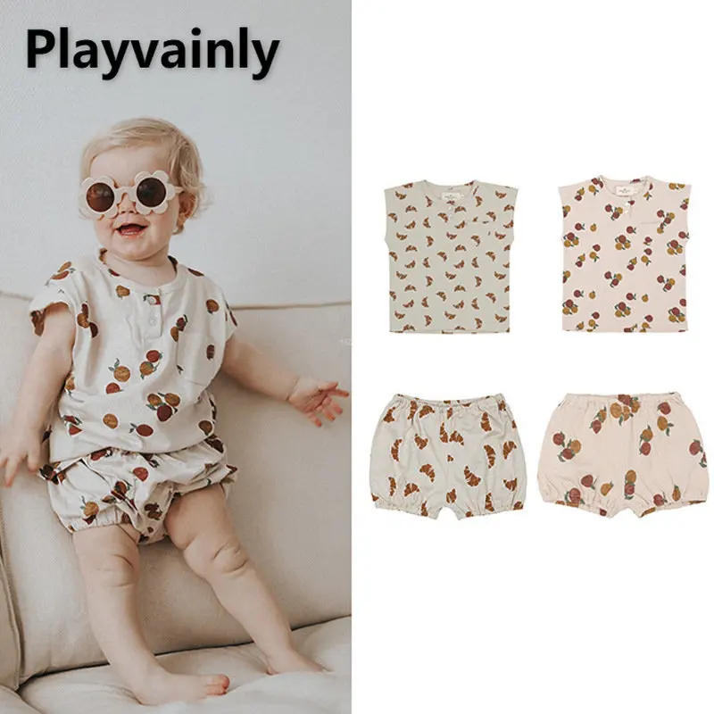 

New Summer Baby Girl Boy Set Cute Print Round Collar Short Sleeve Top + Pumpkin Shorts Baby Unisex Cotton Suit Clothes E21162