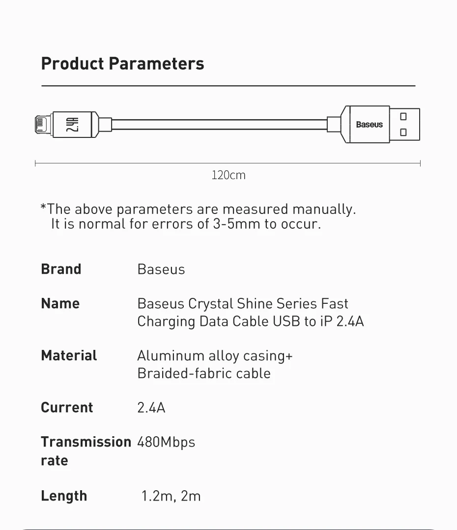 Baseus-Cabo de carregamento USB para iPhone, 2.4A,