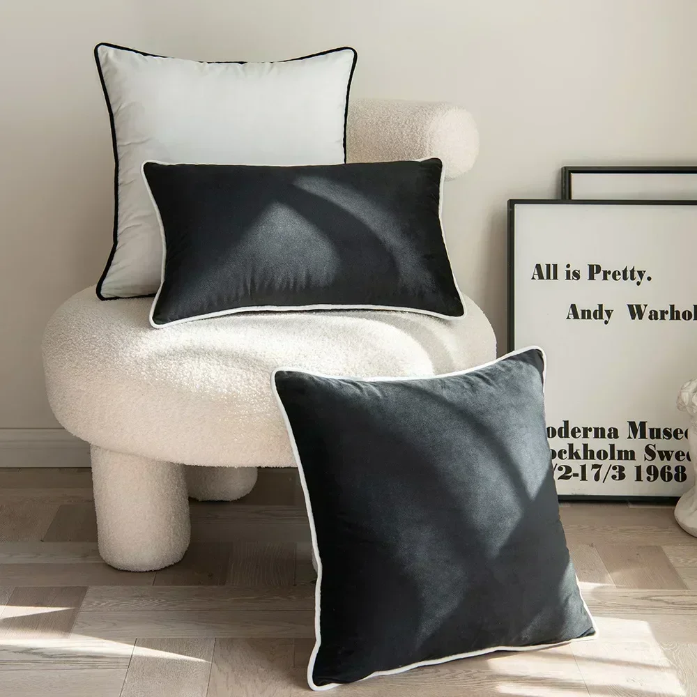 Black and White Velvet Hemming Pillowcase Simple Nordic Style