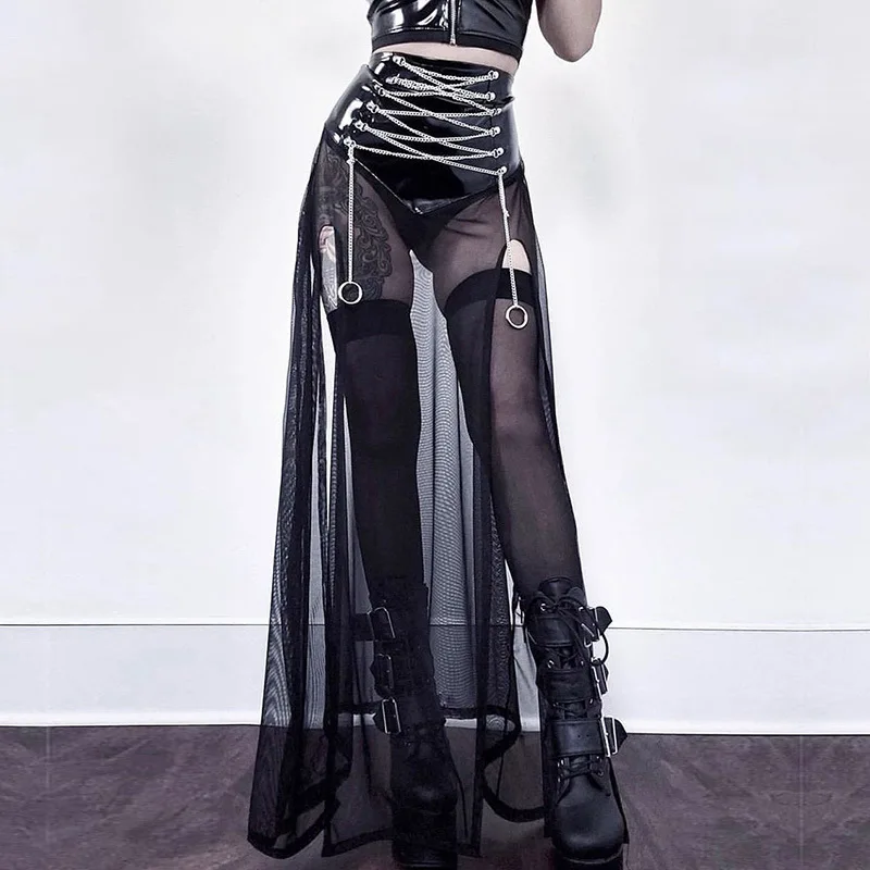 

E-girl Gothic Split Long Mesh Skirts with Chain Bandage High Waist Mesh See Through Maxi Skirt Harajuku Dark Academia Clothes