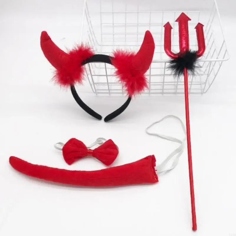 Y5JD Halloween Devil Costumes Set Tail Bowtie Devil Horn Headband Red Pitchforks Tail
