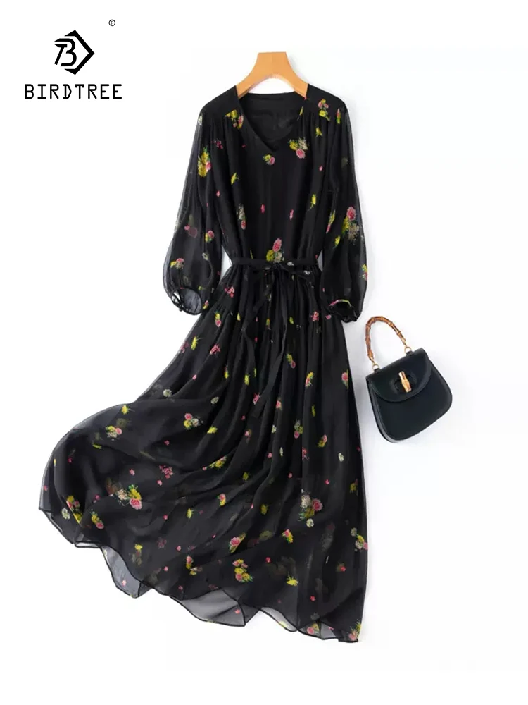 

BirdTree, 100%Real Silk Party Dresses For Women, V Neck Lantern Sleeve, Elegant Vacation Printed Dresses, 2024 Summer, D43409QC