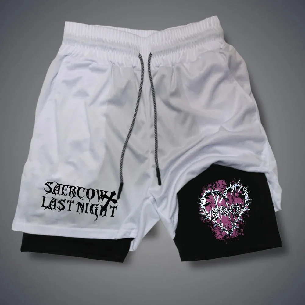 Men's Double-deck Shorts Gothic Letter Print Shorts Summer Quick Drying Sports Fitness 2 In1 Short Pants Joggers Beach Sportwear 6