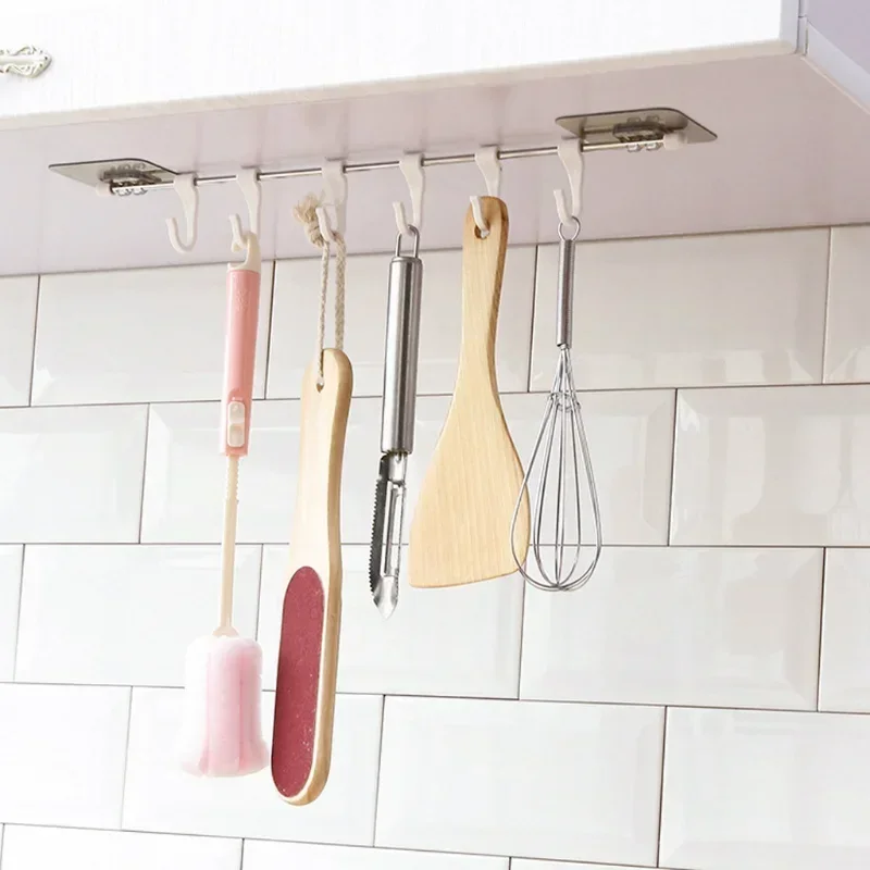Stainless Steel Wall Hanging Rod 6 Hook Self-adhesive Wall Rack Bathroom Kitchen Rack Storage Free Punching and Strong Suction kitchen storage rack kitchen organizer wall mounted hook rack