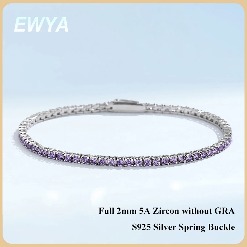 EWYA 풀 2mm 바이올렛 핑크 블루 화이트 5A 지르콘 테니스 팔찌 (여성용) S 고탄소 올 컬러 젬스톤 팔찌