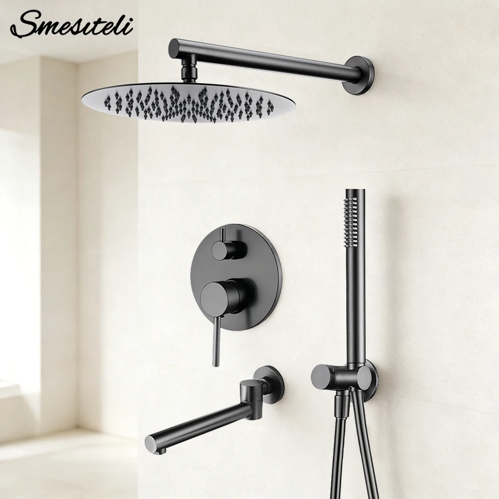 ชุดระบบฝักบัวแบบติดผนัง 3 ทาง พร้อมหัวฝักบัวขนาด 8-12 นิ้ว ก๊อกน้ำห้องน้ำแบบติดผนัง หัวฉีดน้ำทรงกลมแบบหมุนได้ พร้อมตัวเปลี่ยนทิศทางน้ำ 1