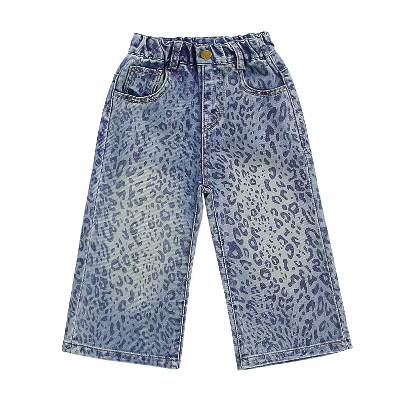 여아용 레오파드 프린트 청바지 2025 가을 봄 어린 소녀 루즈 스트레이트 바지 아동용 신축성 허리 캐주얼 데님 팬츠