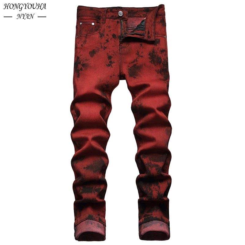 fashion black slim men jeans male clothing streetwear daily business casual trousers solid pockets stretch denim straight pants Autumn Fashion Red Tie dye Men Jeans Pants Male Stretch Slim Straight Regular Streetwear Stretch Denim Trousers Man Clothes